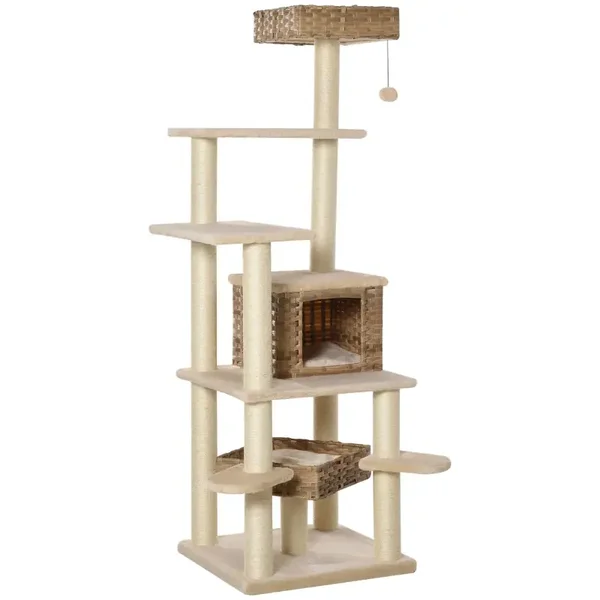 PawHut Rattan Kratzbaum mit Katzenhöhle
