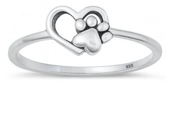 Silver Ring - Paw Print & Heart