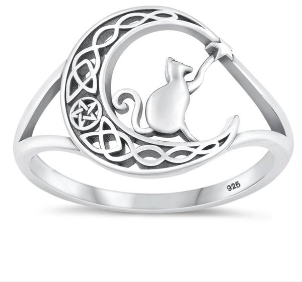 Silver Ring - Cat on Moon .925