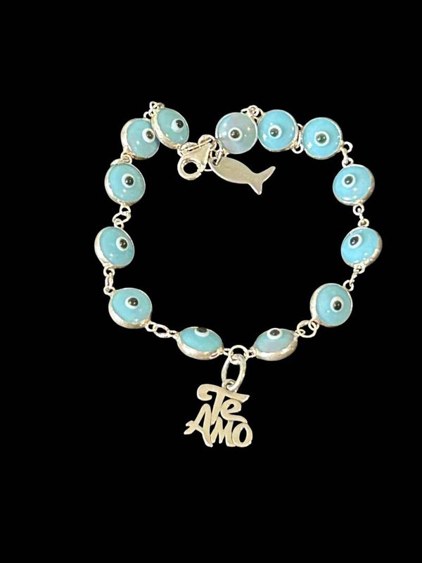 Light blue evil eye bracelet with TE AMO charm