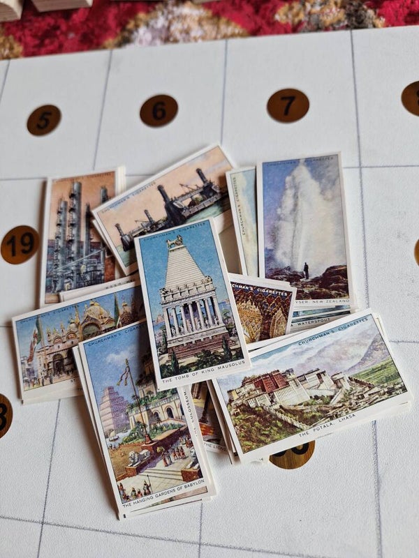 WORLD WONDERS OLD AND NEW COMPLETE SET OF 50 CIGARETTE CARDS UNISSUED ORIGINAL CARDS FROM TILLEYS OF SHEFFIELD W A & A C CHURCHMAN