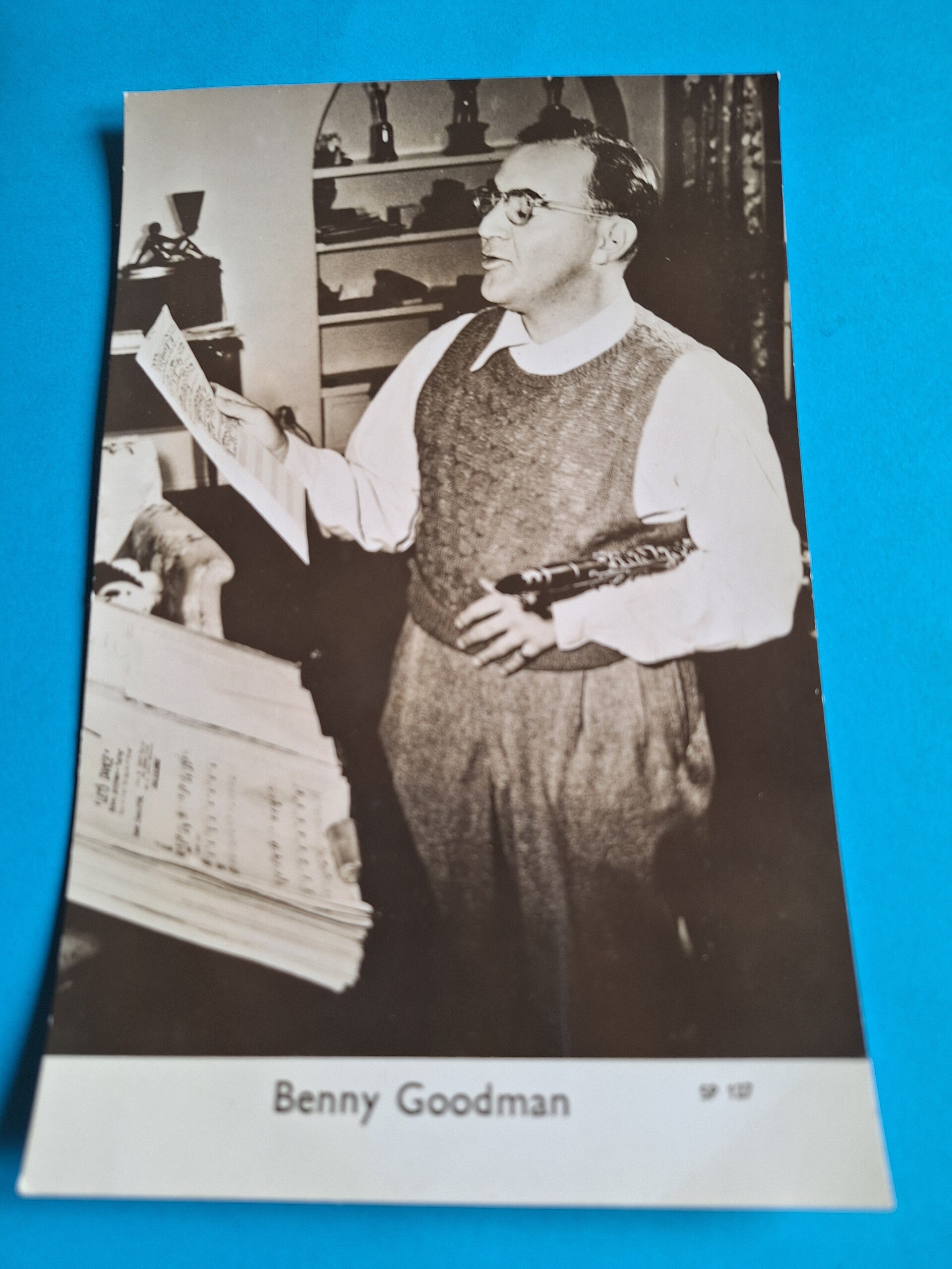 BENNY GOODMAN REAL GLOSSY PHOTO CARD 1950s 1960s SIZE APPROX  13CM X 19CM FROM TILLEYS OF SHEFFIELD