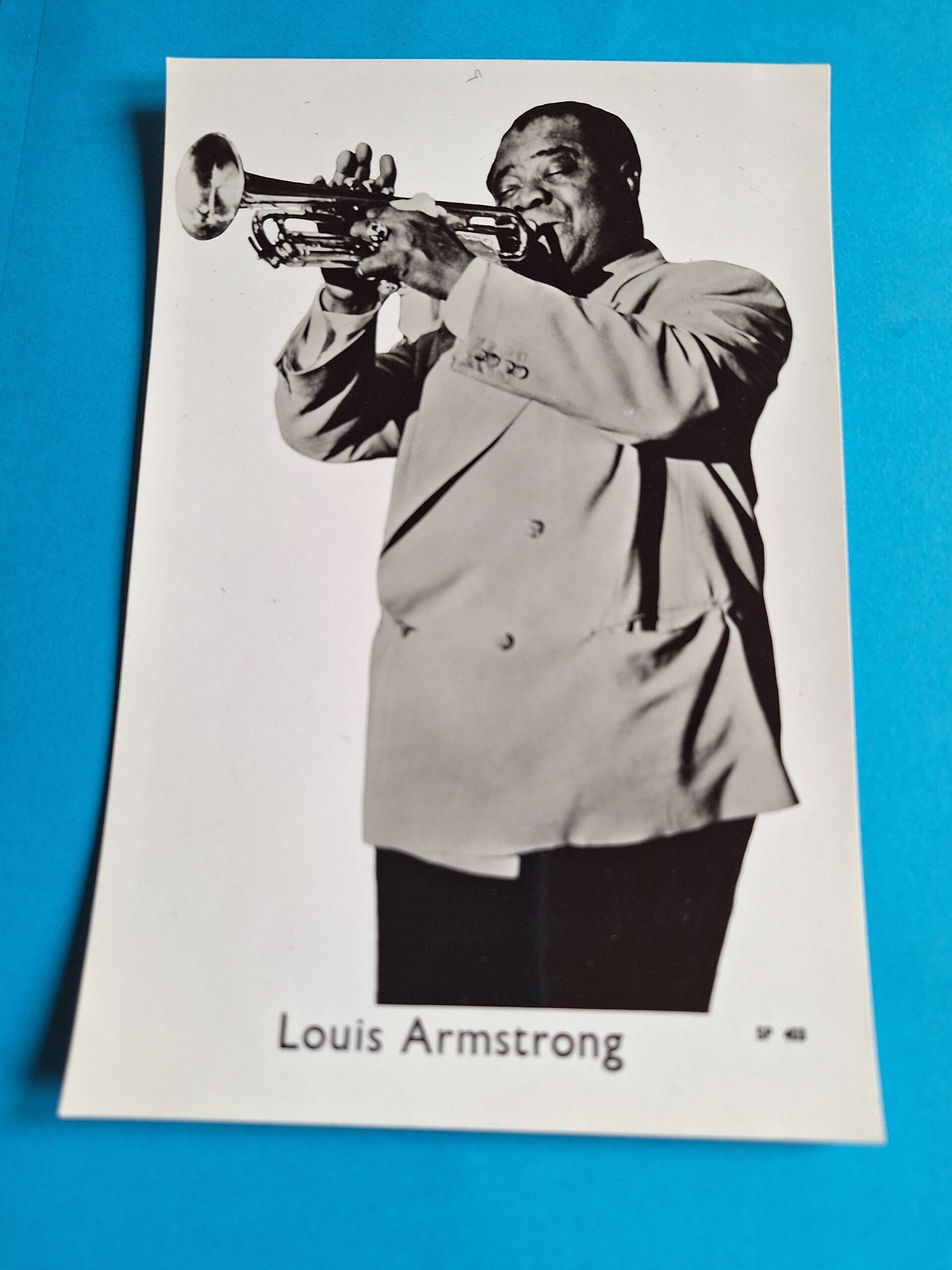 LOUIS ARMSTRONG REAL GLOSSY PHOTO CARD 1950s 1960s SIZE APPROX  13CM X 19CM FROM TILLEYS OF SHEFFIELD