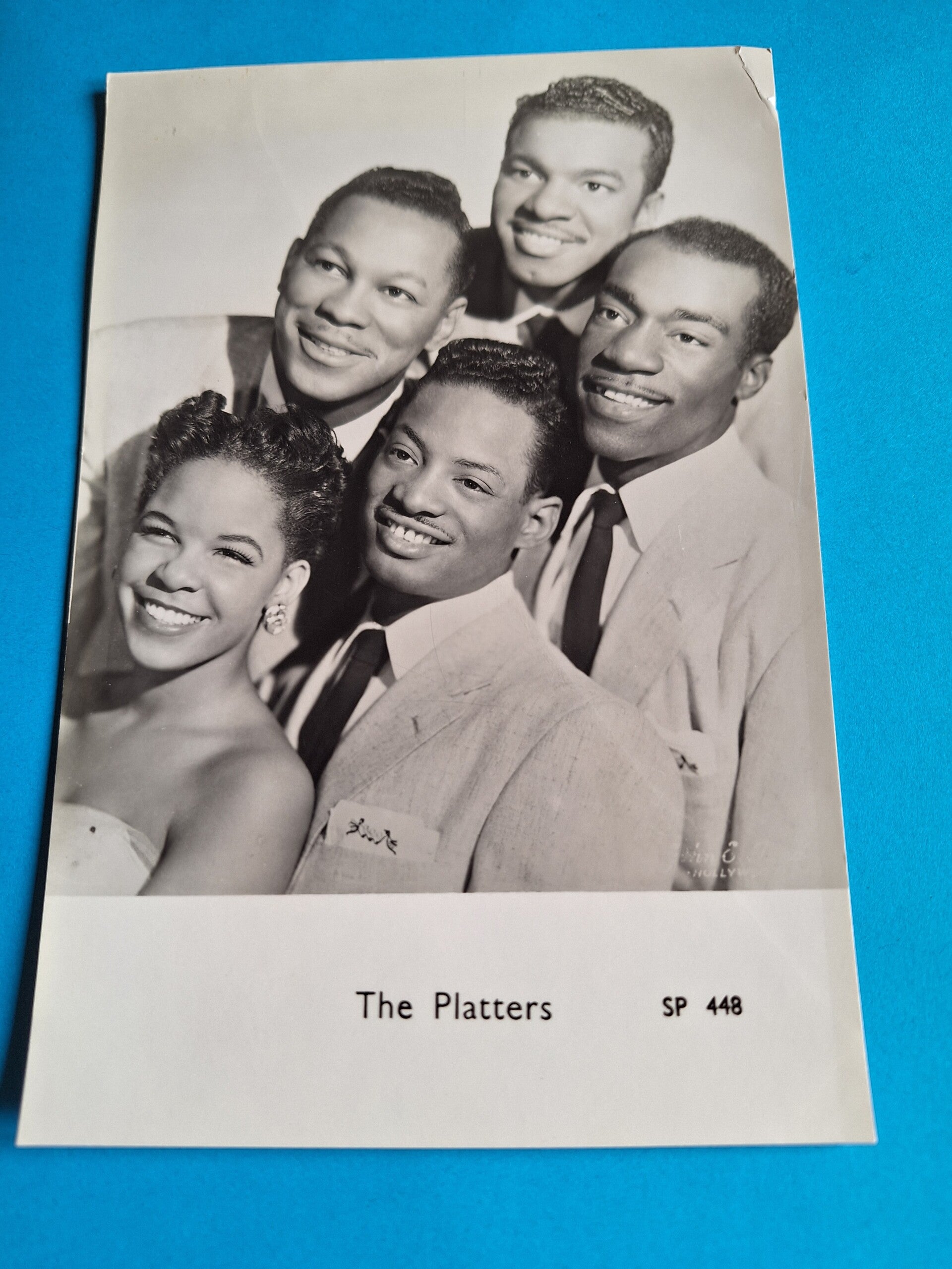 THE PLATTERS  REAL GLOSSY PHOTO CARD 1950s 1960s SIZE APPROX  13CM X 19CM FROM TILLEYS OF SHEFFIELD