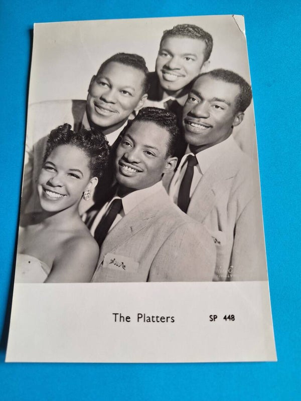 THE PLATTERS  REAL GLOSSY PHOTO CARD 1950s 1960s SIZE APPROX  13CM X 19CM FROM TILLEYS OF SHEFFIELD