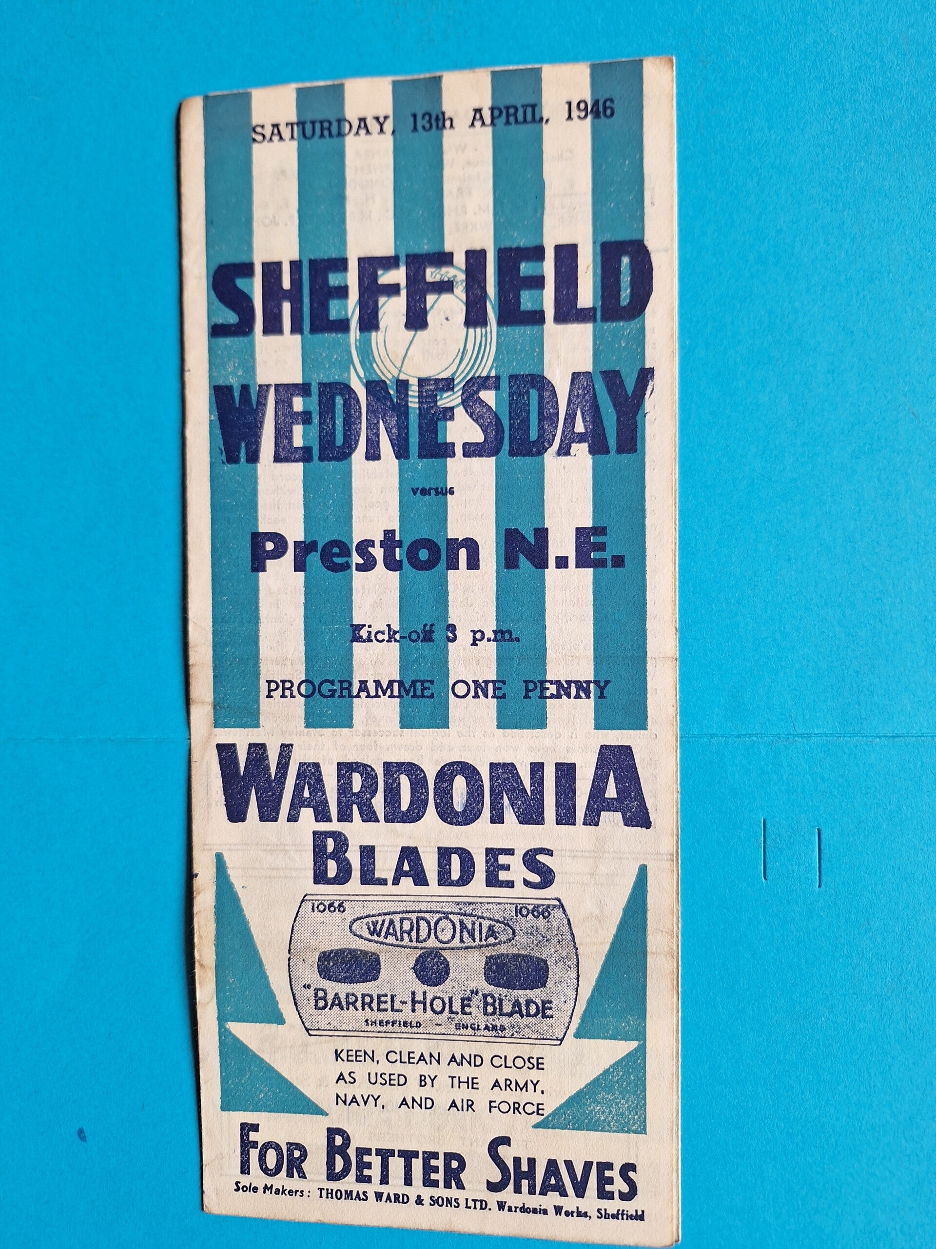 SHEFFIELD WEDNESDAY V PRESTON N E FOOTBALL PROGRAMME 13TH APRIL 1946 TILLEYS OF SHEFFIELD