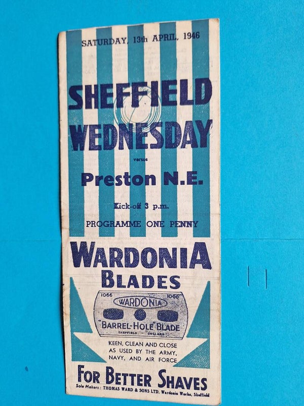 SHEFFIELD WEDNESDAY V PRESTON N E FOOTBALL PROGRAMME 13TH APRIL 1946 TILLEYS OF SHEFFIELD