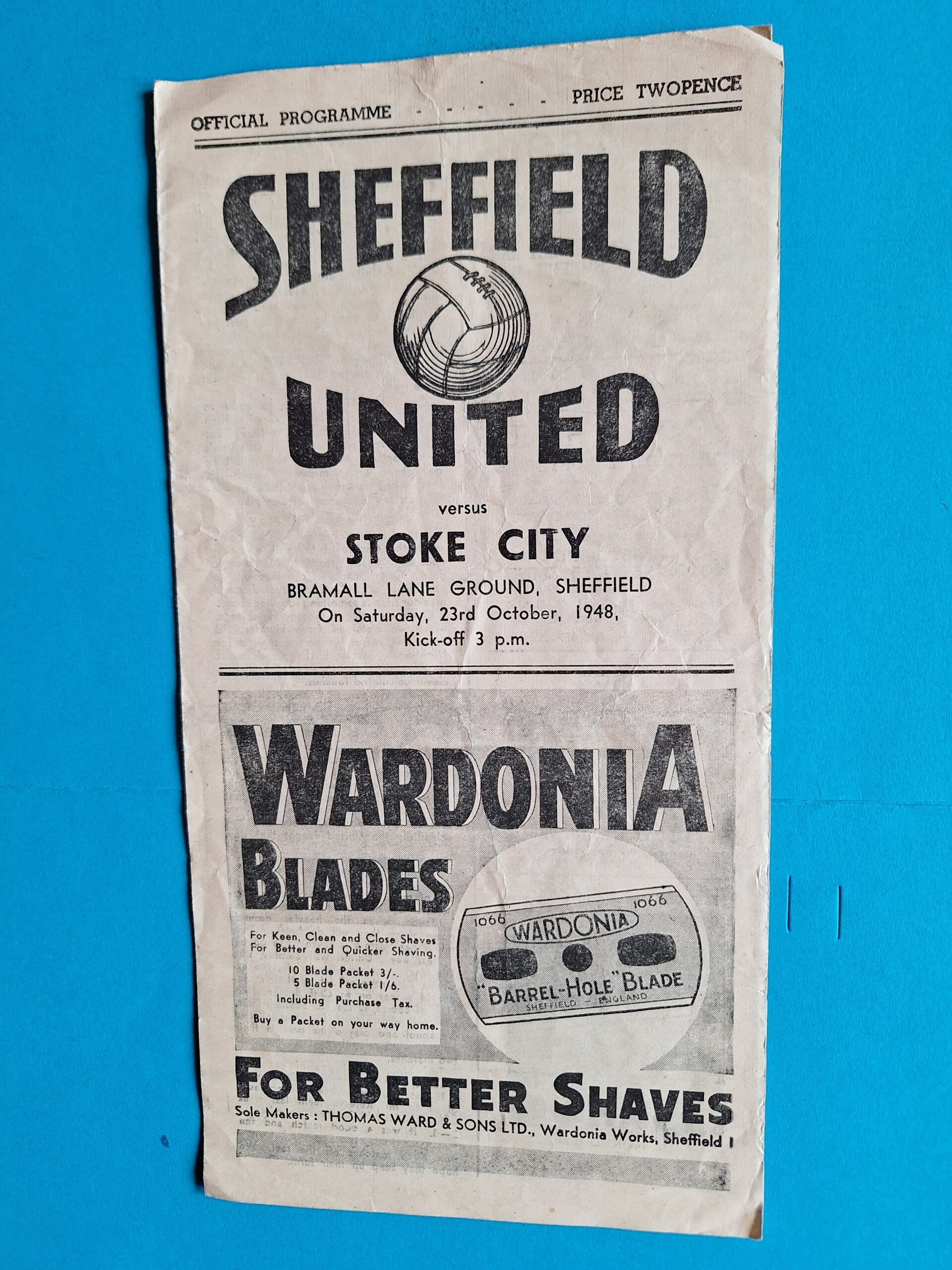 SHEFFIELD UNITED V STOKE CITY  FOOTBALL PROGRAMME 23RD OCTOBER 1948 TILLEYS OF SHEFFIELD