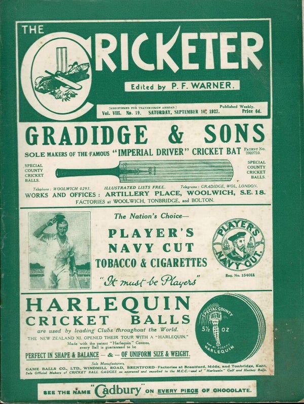 THE CRICKETER UK MAGAZINE SETEMBER 10TH 1927 BUY VINTAGE CRICKET MAGAZINES TILLEYS