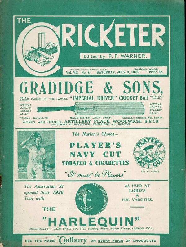 THE CRICKETER UK MAGAZINE JULY 3RD 1926 BUY VINTAGE CRICKET MAGAZINES TILLEYS