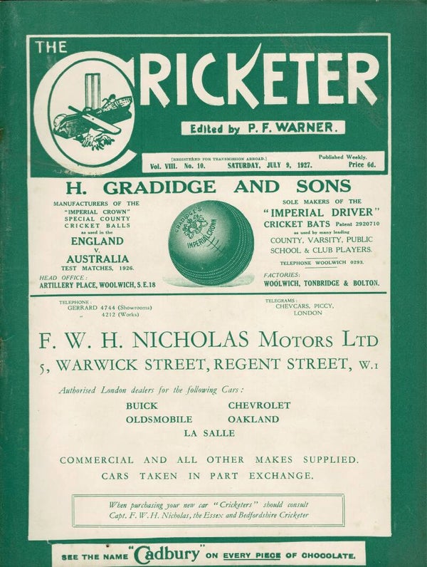 THE CRICKETER UK MAGAZINE JULY 9TH 1927 BUY VINTAGE CRICKET MAGAZINES TILLEYS