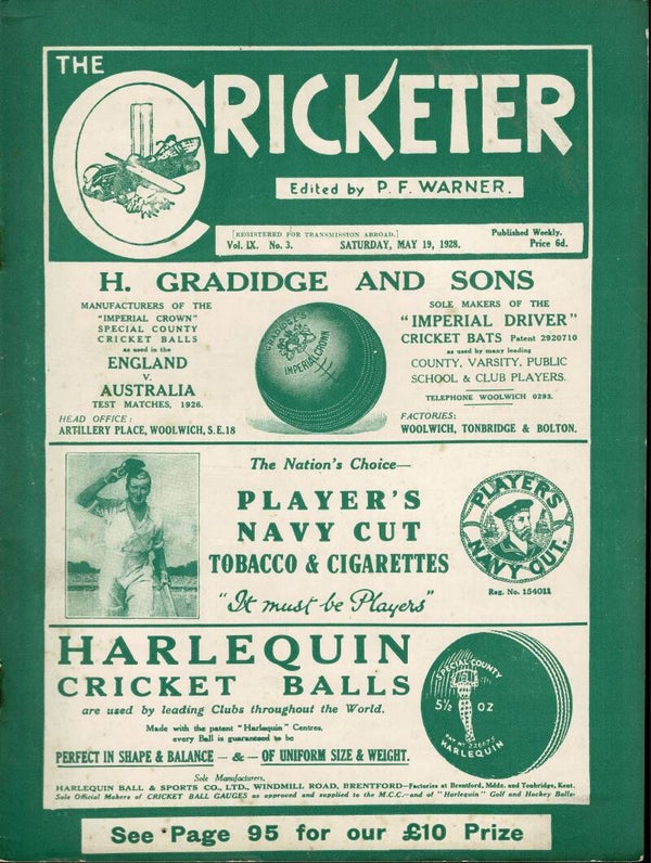 THE CRICKETER UK MAGAZINE MAY 19TH 1928 BUY VINTAGE CRICKET MAGAZINES TILLEYSNES TILLEYS