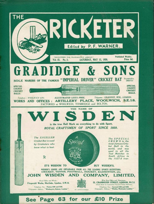 THE CRICKETER UK MAGAZINE MAY 12TH 1928 BUY VINTAGE CRICKET MAGAZINES TILLEYS