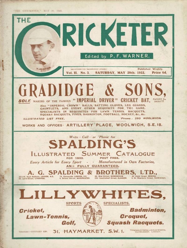 THE CRICKETER UK MAGAZINE MAY 20TH 1922 BUY VINTAGE CRICKET MAGAZINES TILLEYS