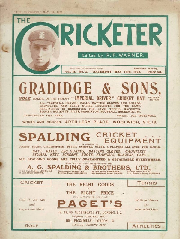 THE CRICKETER UK MAGAZINE MAY 13TH 1922 BUY VINTAGE CRICKET MAGAZINES TILLEYS