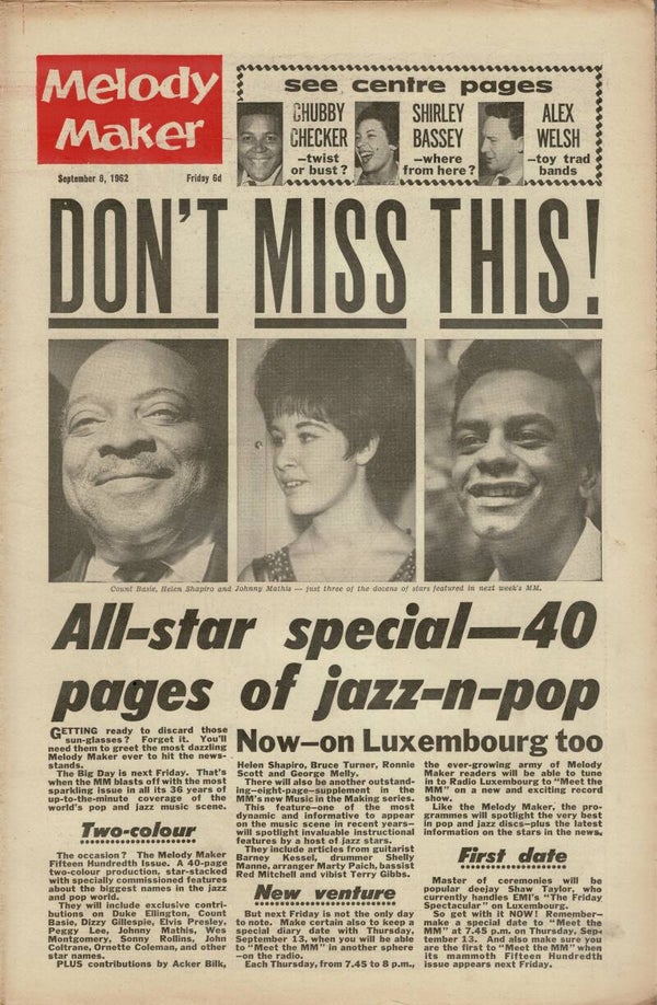 MELODY MAKER UK MUSIC PAPER September 8th 1962