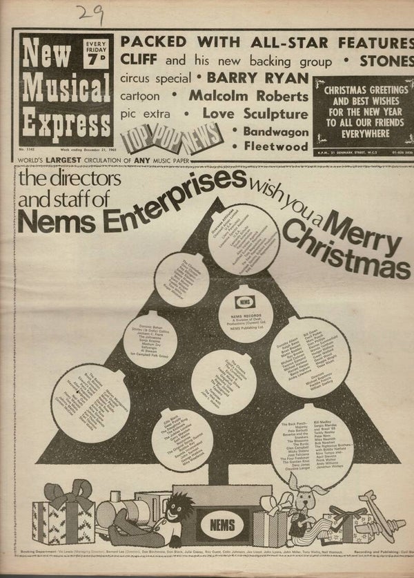 N M E NEW MUSICAL EXPRESS UK MUSIC PAPER  December 21st 1968  BUY VINTAGE BACK ISSUE MAGAZINES TILLEYS