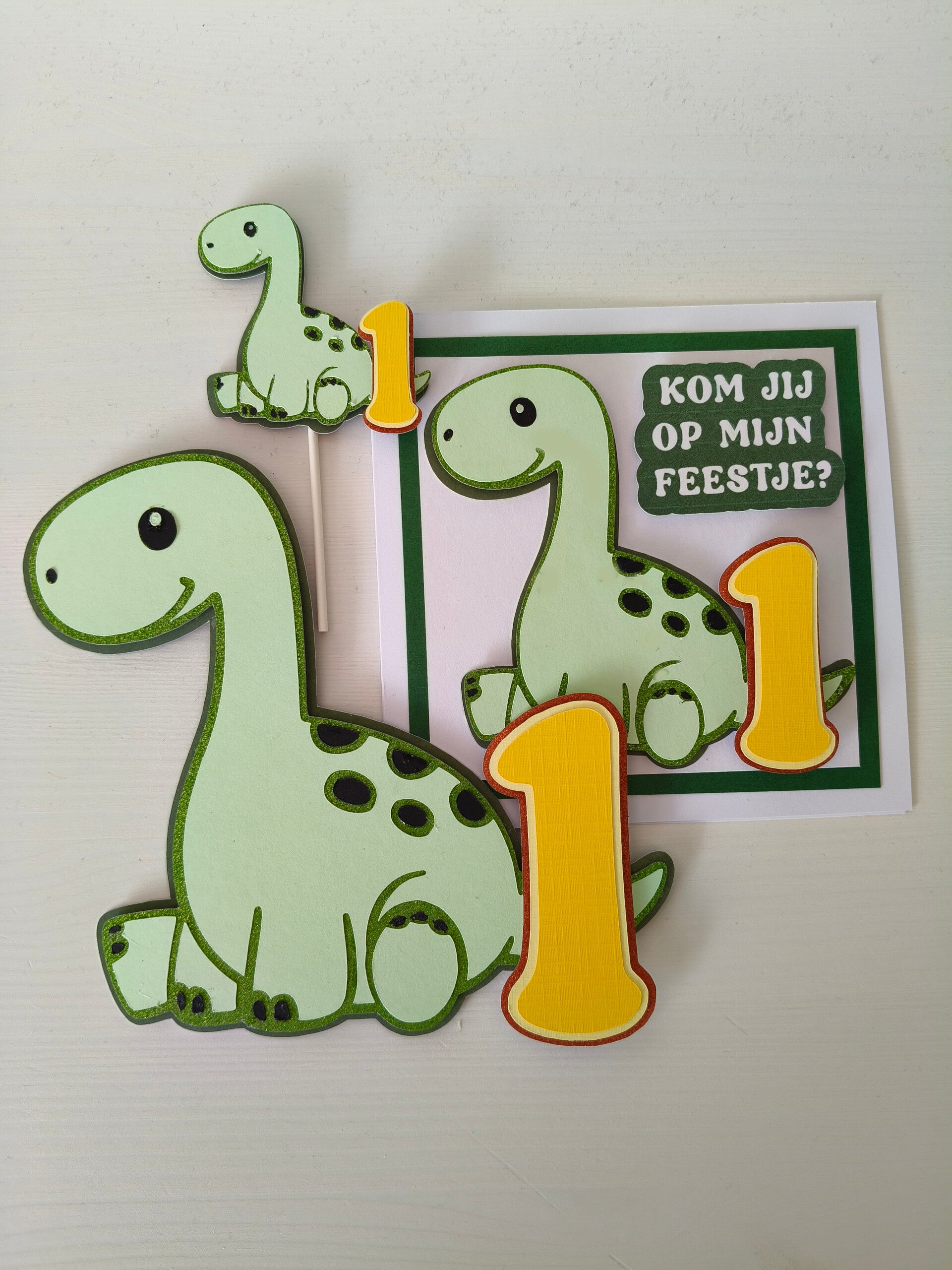 Dinosaurus Trio, kaart, uitnodiging, cupcake topper
