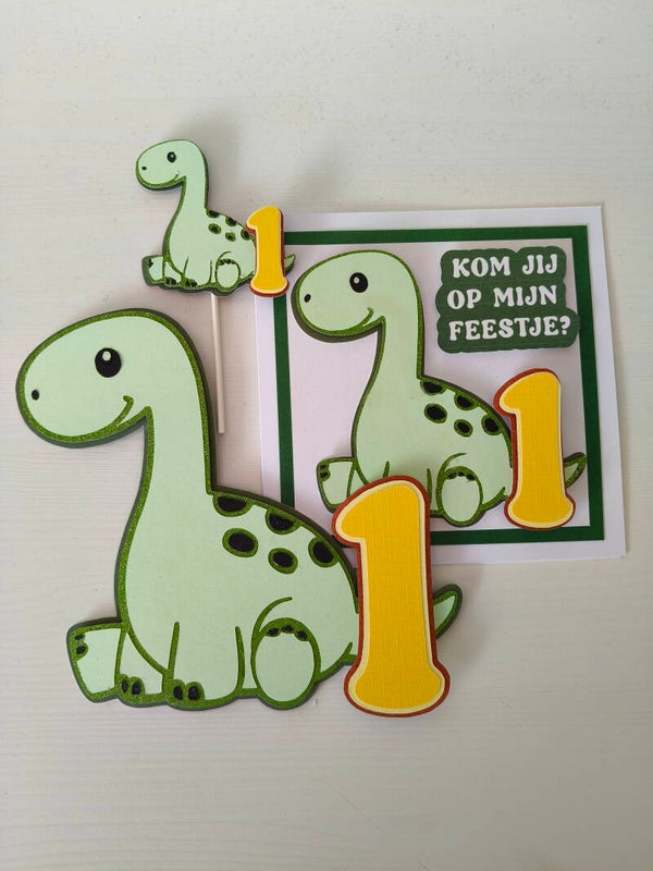 Dinosaurus Trio, kaart, uitnodiging, cupcake topper