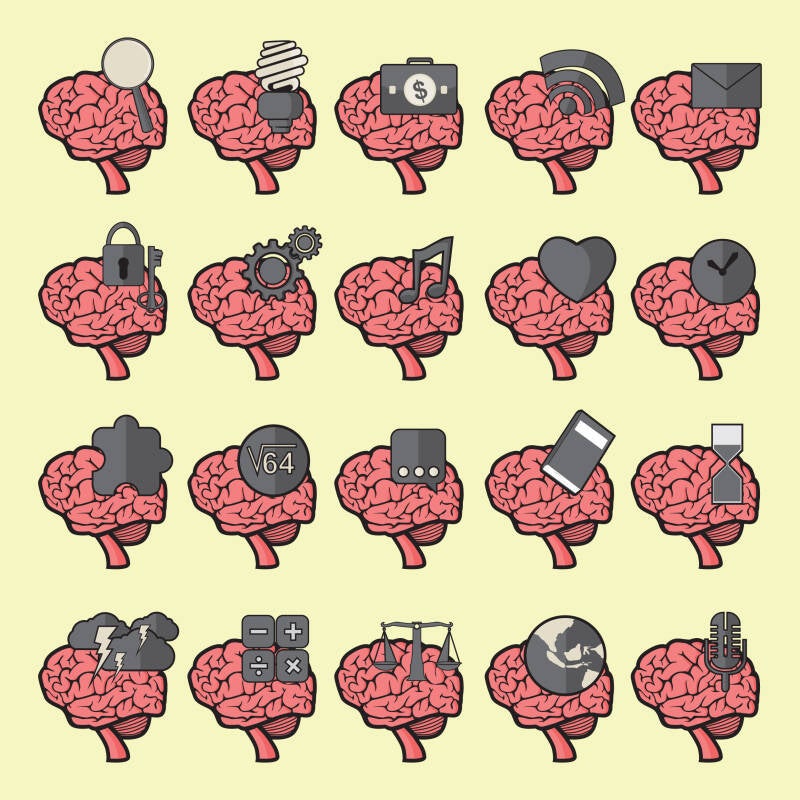 20 cerveaux en illustrations disposés en 4 lignes de 5 avec des symboles représentatn les différentes fonctions du cerveau : mémoire, orientation, attention, calcul, idées