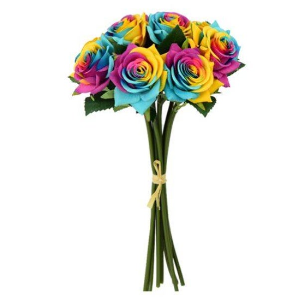 35cm RAINBOW FRESH TOUCH DIAMOND ROSE BUNDLE (7 STEMS)