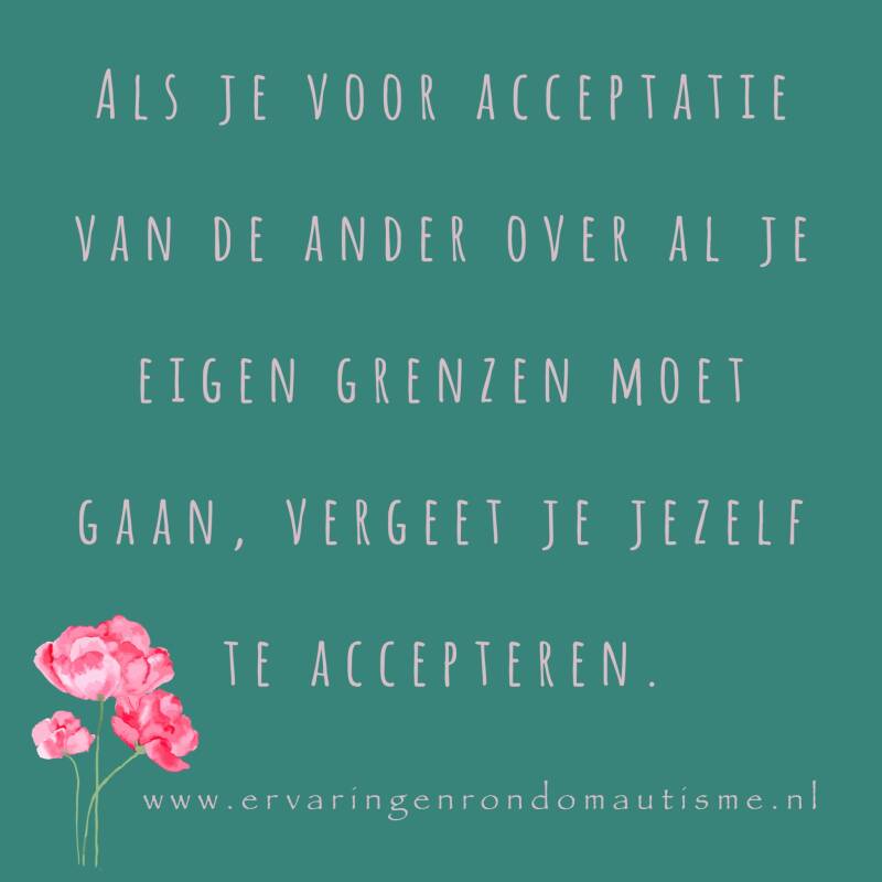 quote Ervaringen rondom autisme Als je voor acceptatie van de ander over al je eigen grenzen moet gaan, vergeet je jezelf te accepteren