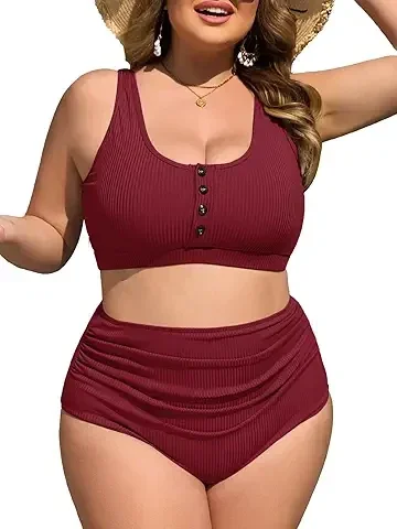 Summer Mae Plus Size Women Ribbed Two Piece Bikini High Waist Swimsuit Scoop Crop Top Bathing Suit Swimwear