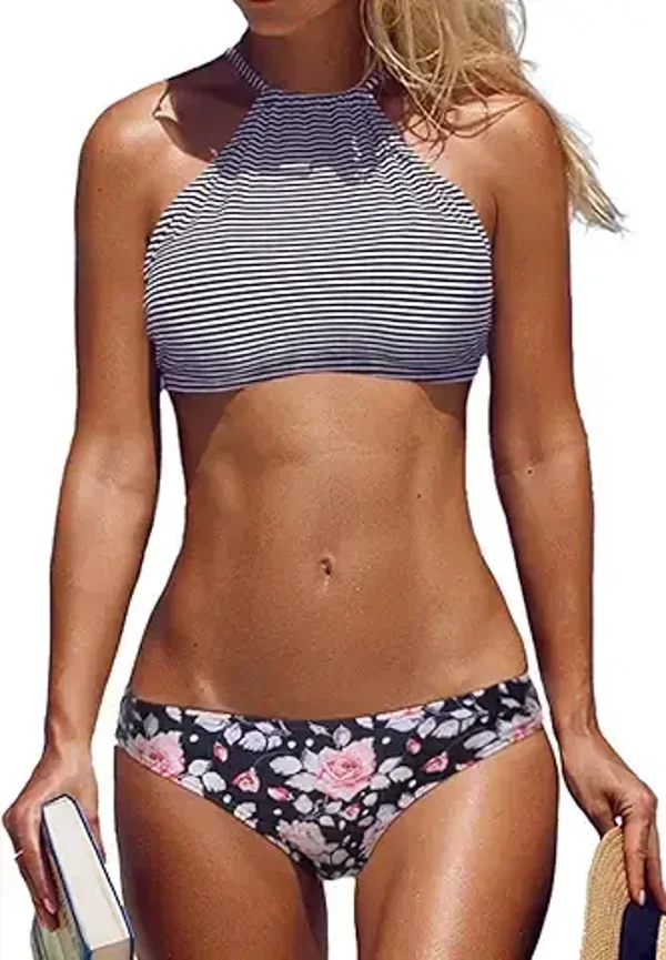Beautyin Women's Floral High Neck Bikini Cross Back Swimsuit 2 Piece Bathing Suit