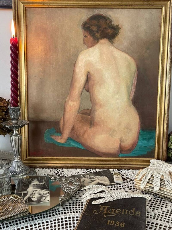 Tableau "Nu féminin assis" par D. Biske, Suède