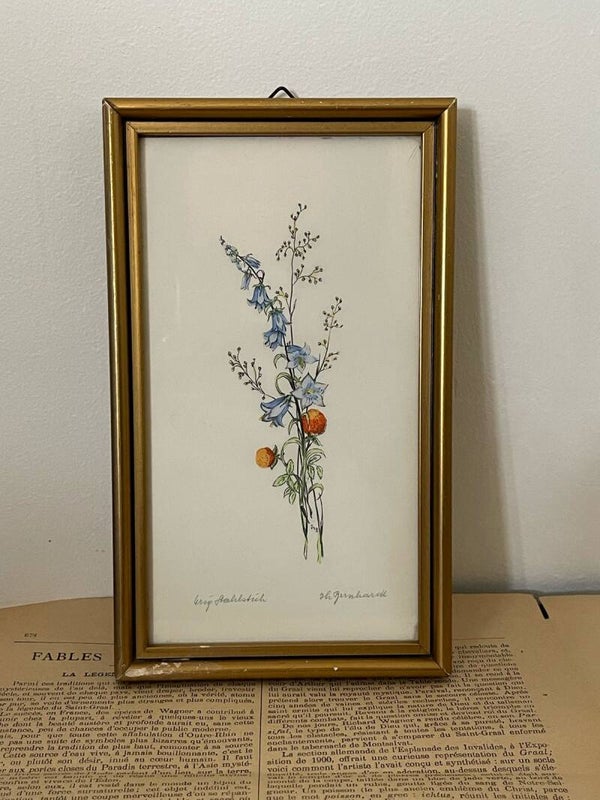 Petite œuvre champêtre – Fleurs bleues et orangées