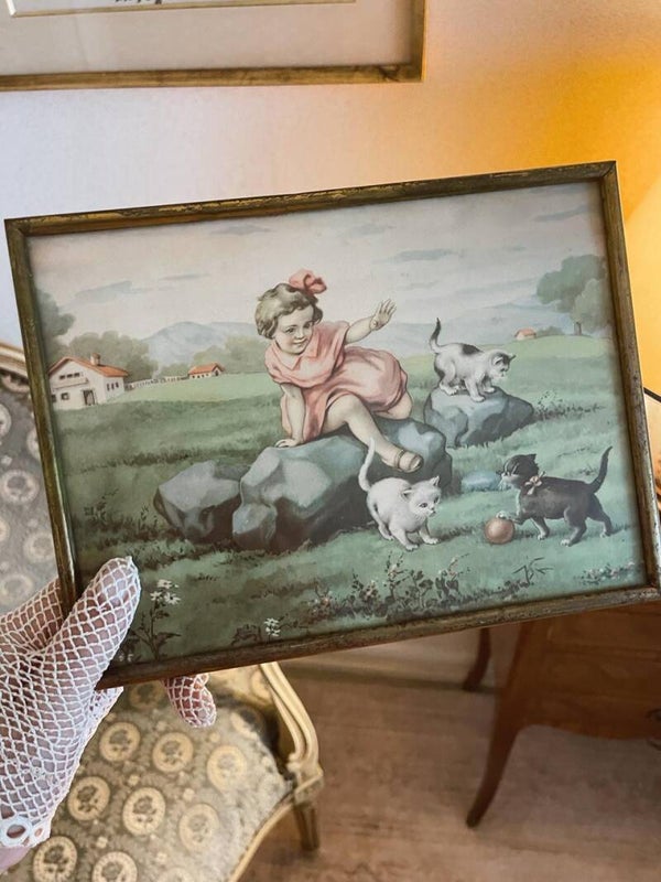 Cadre avec lithographie enfantine et champêtre