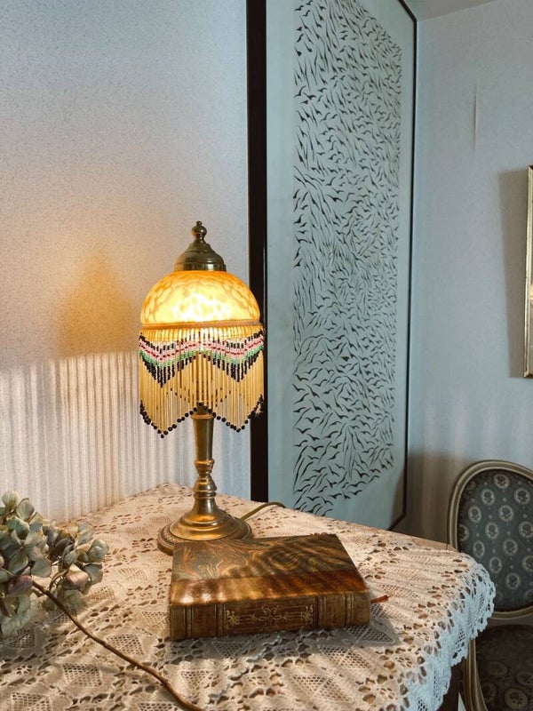 Lampe à pampilles vintage en laiton et verre ambré
