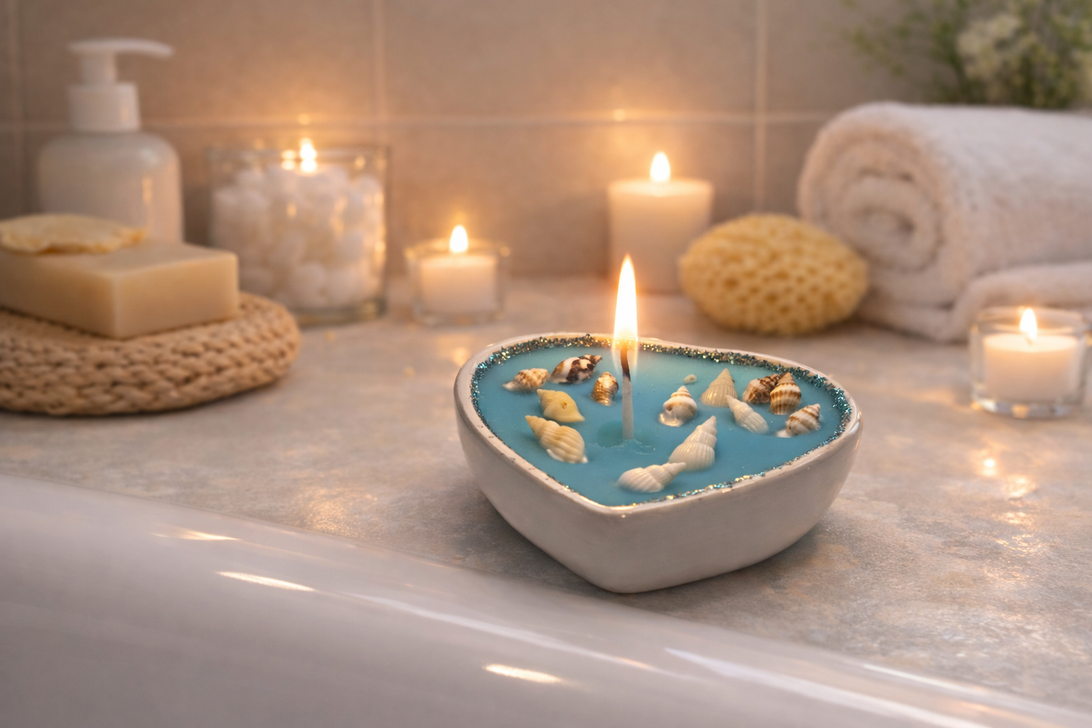 Kerze Herzschale mit Deko verschiedene