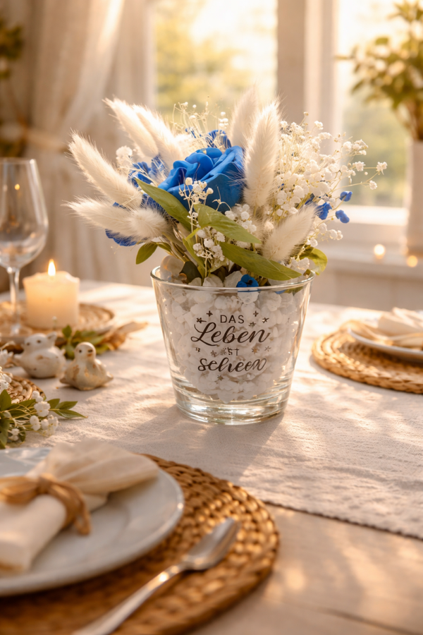 Gesteck Blumenstrauß blau weiß