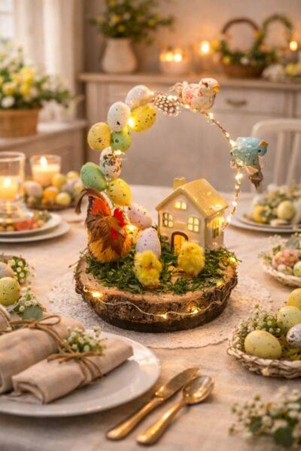 Gesteck mit Holz Holzplatte Ostern mit Hahn beleuchtet