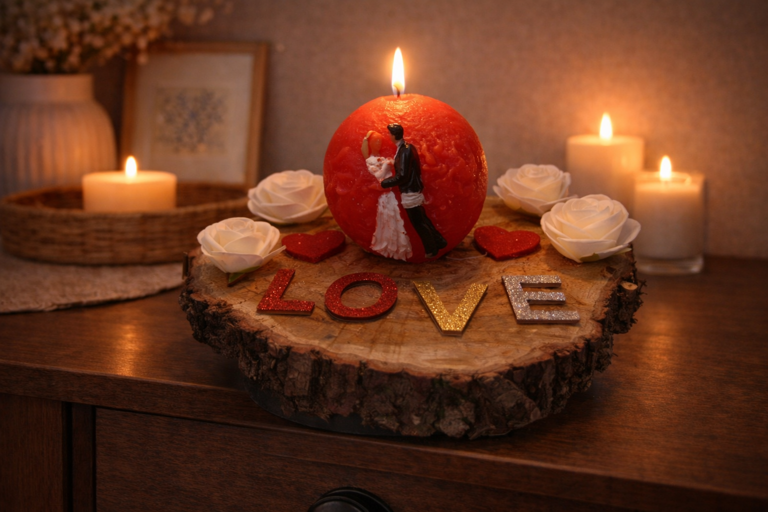 Gesteck mit Kerze auf einer Holzplatte