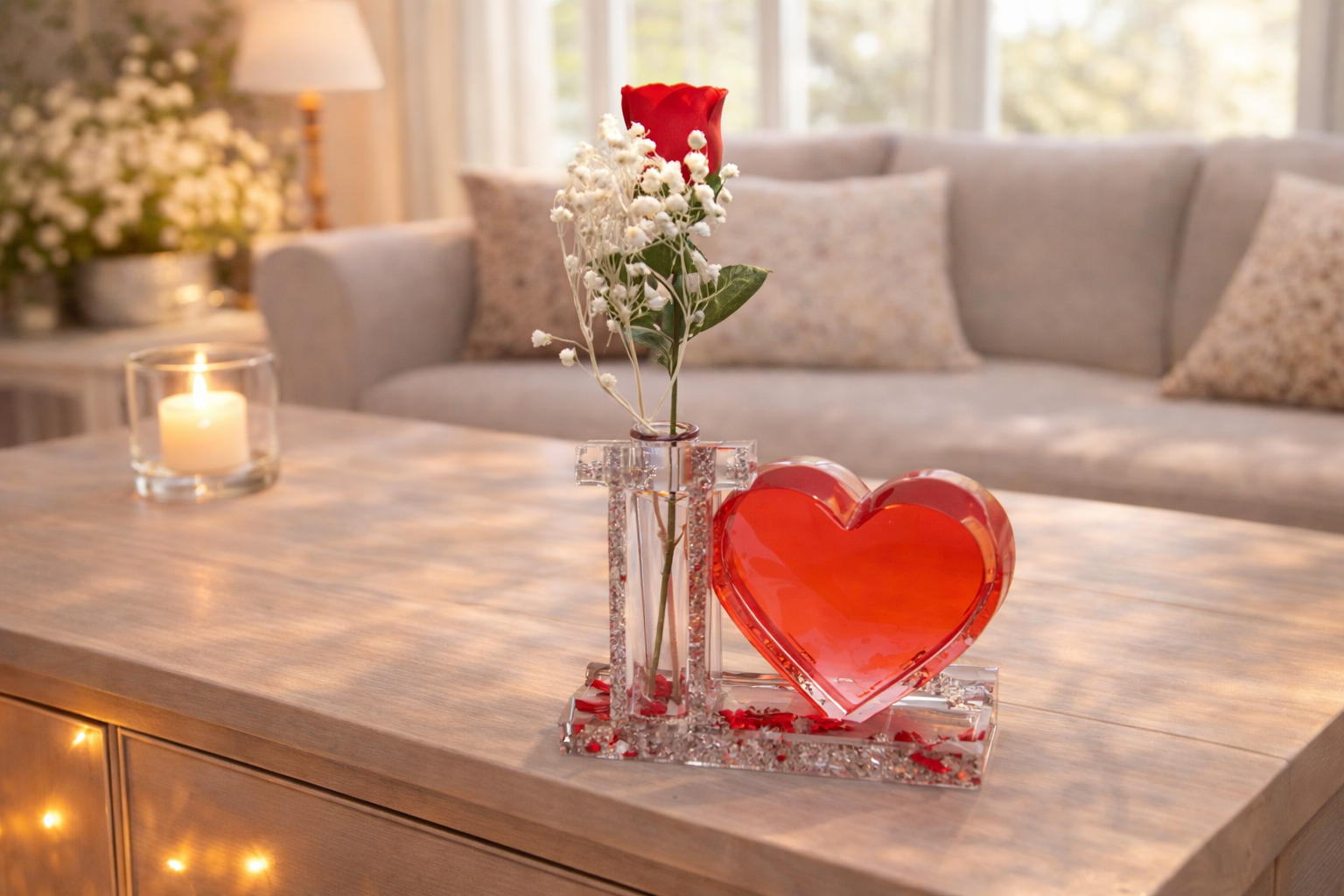 Epoxidharz Blumenhalter mit einem Reagenzglas meit einer Herzform