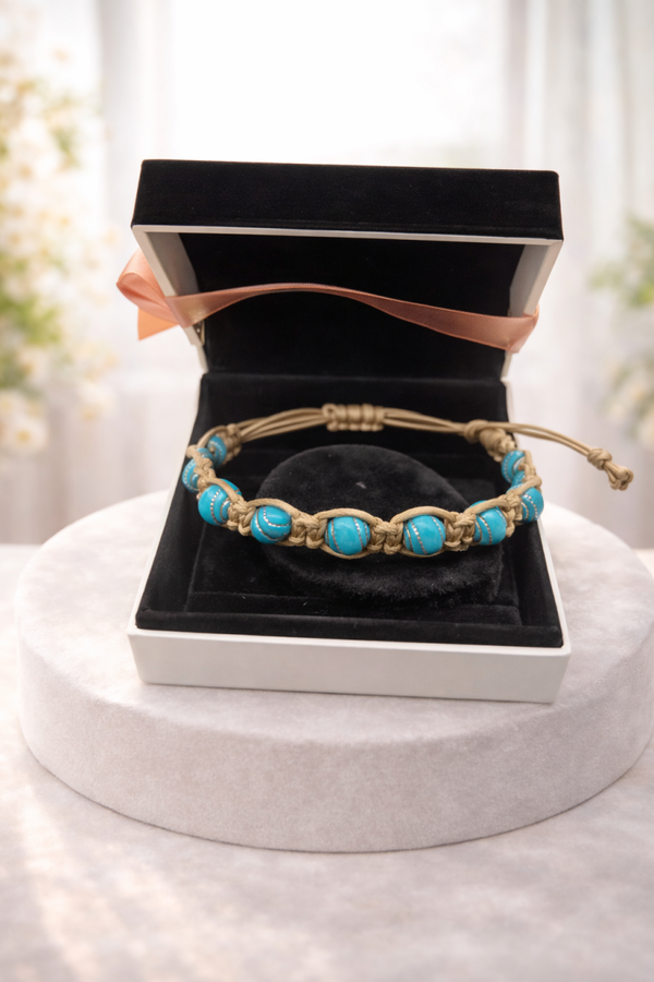 Lederarmband beige mit blauen Perlen
