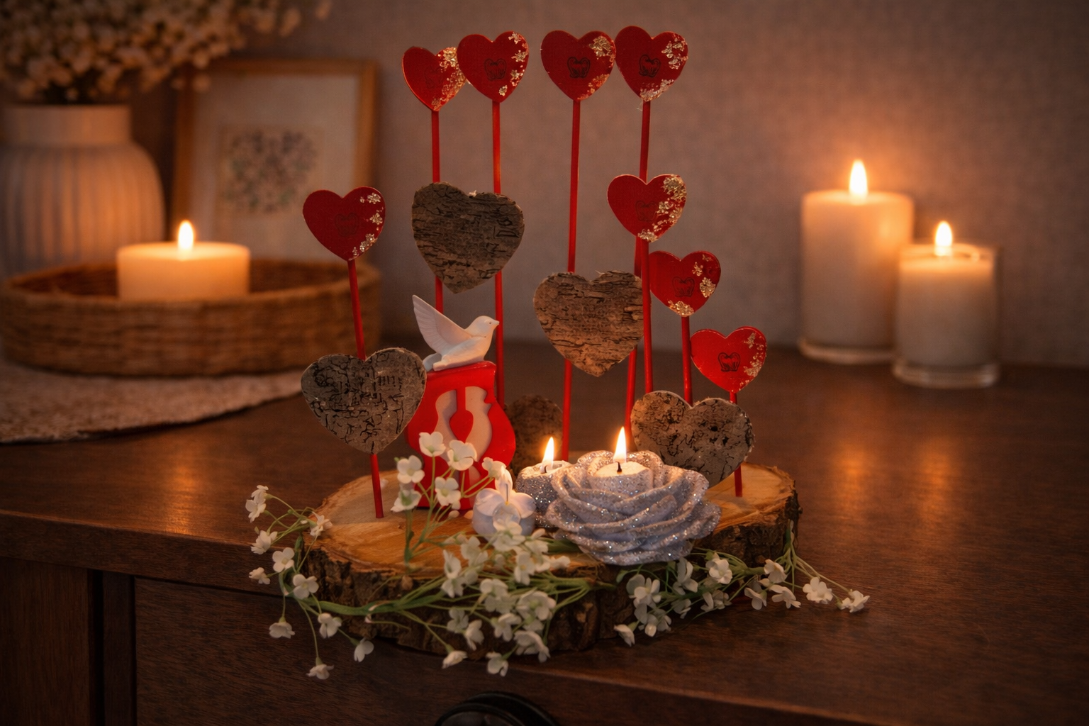 Gesteck gesteckte Herzen auf einer Holzplatte
