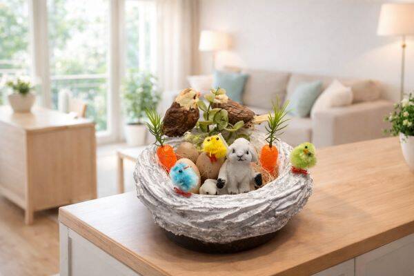 Gesteck Korb mit Hasenkerze und Vögel mit Deko Ostern