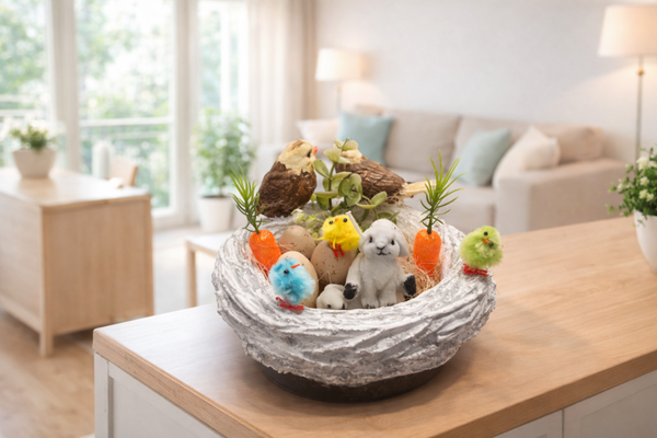 Gesteck Korb mit Hasenkerze und Vögel mit Deko Ostern