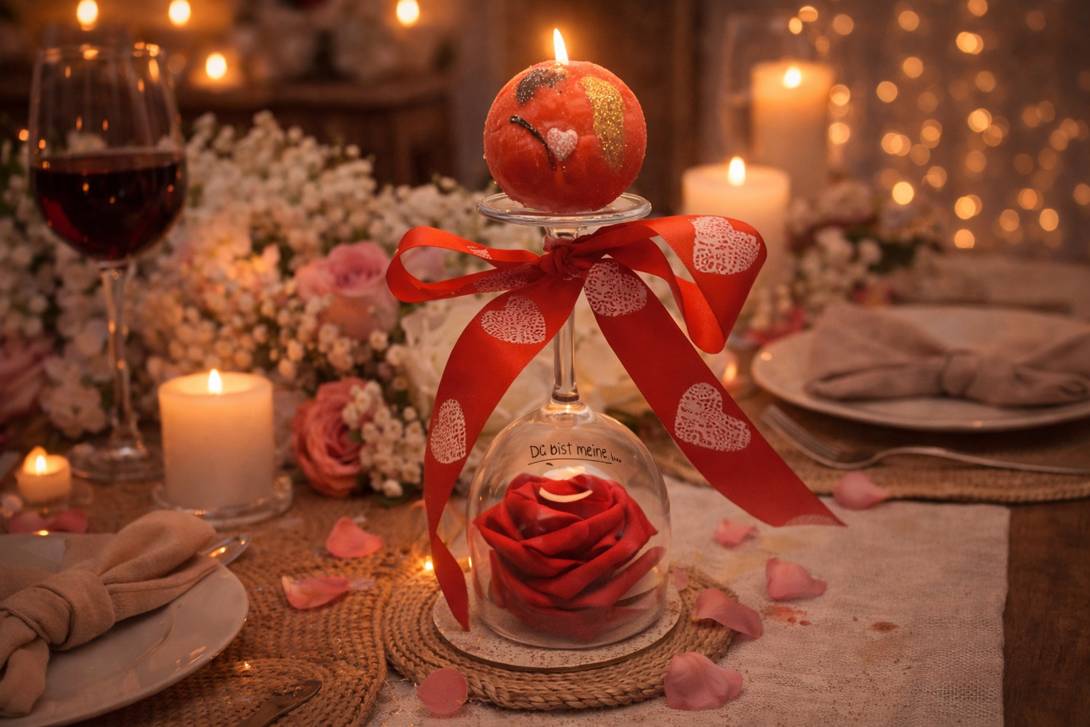 Gesteck mit Glas und Kerze