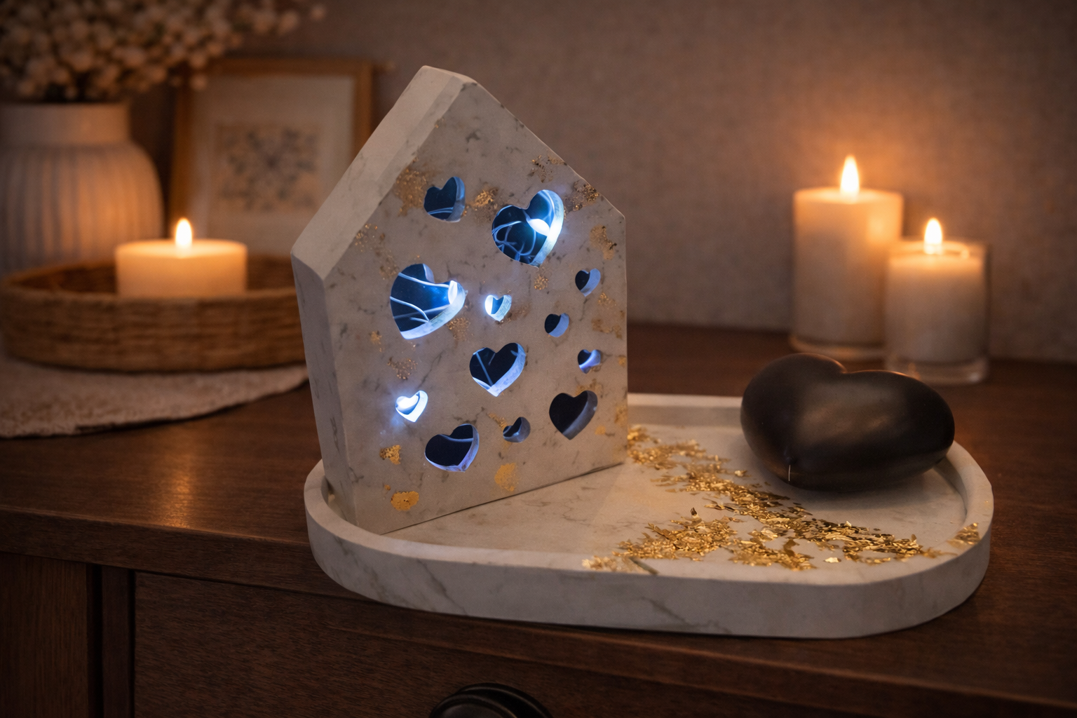 Gesteck  Gips Platte mit beleuchtetem Haus