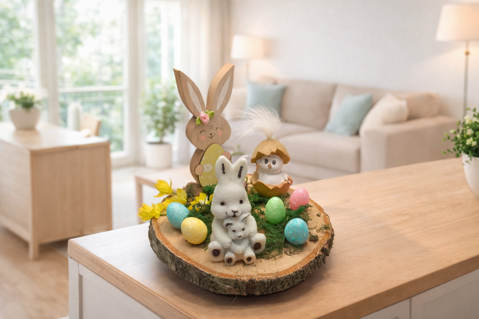 Gesteck Holzplatte Ostern mit Hasenkerze Kücken und Deko