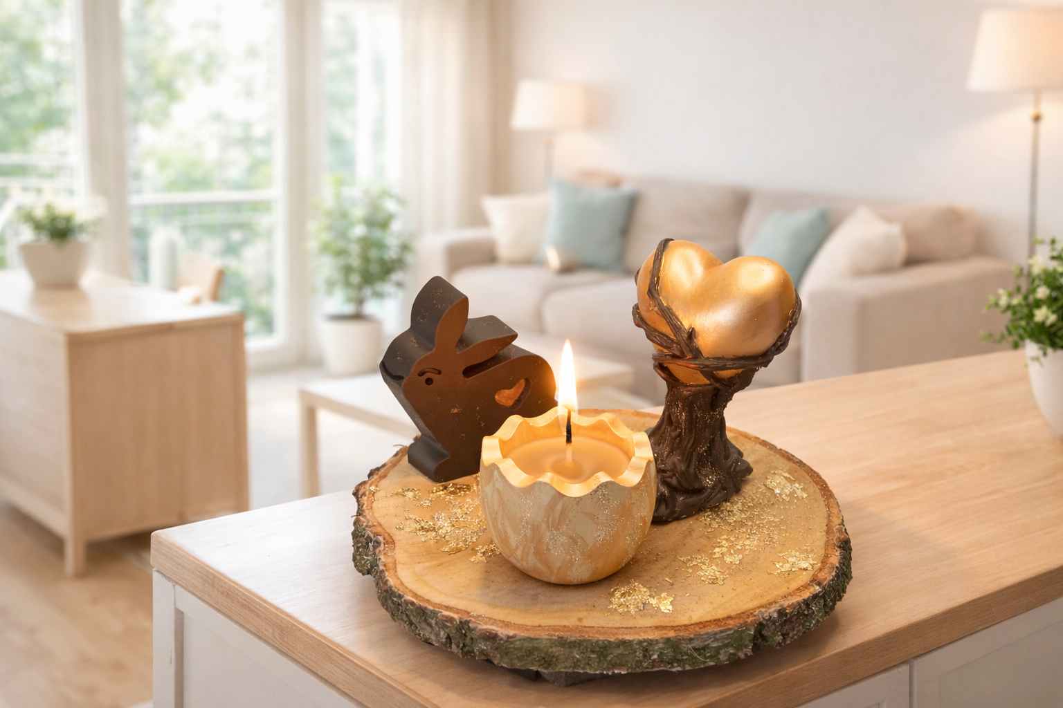 Gesteck Holzplatte Ostern mit Kerze