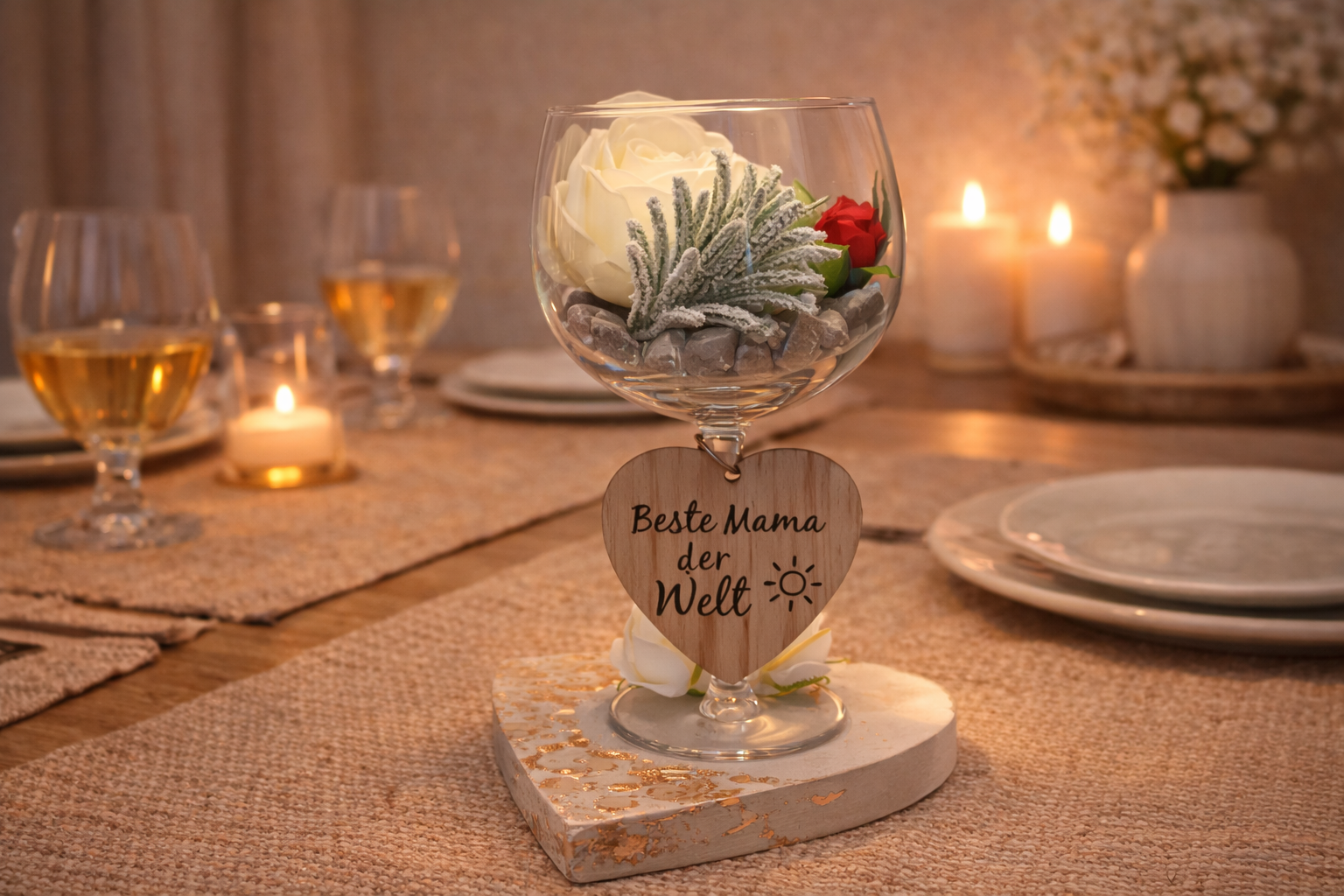 Gesteck Glas mit Blumen