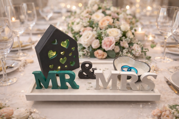 Gips Platte mit beleuchtetem Haus MR & MRS