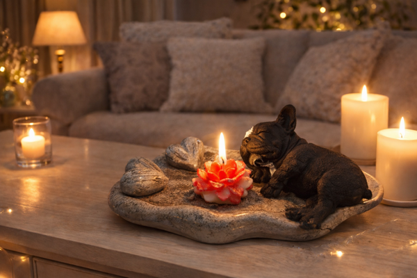 Gips Platte mit liegender Bulldogge und einer Kerze