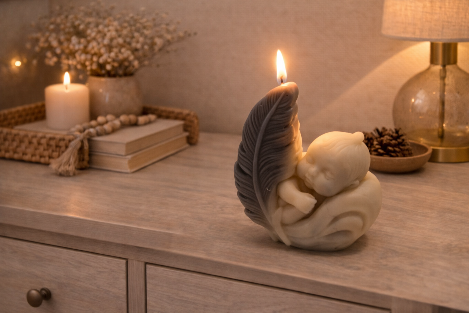 Kerze Baby mit Feder Kind