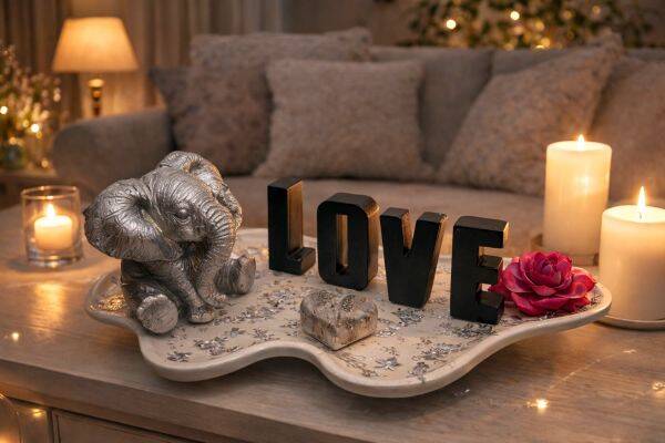 Platte Gips mit einem Elefanten und LOVE